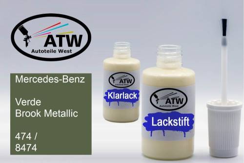 Mercedes-Benz, Verde Brook Metallic, 474 / 8474: 20ml Lackstift + 20ml Klarlack - Set, von ATW Autoteile West.